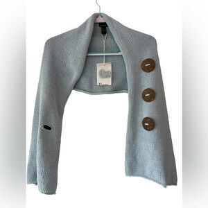 Pure Handknit NWT Light Blue Scarf 100% Cotton Button Feature
